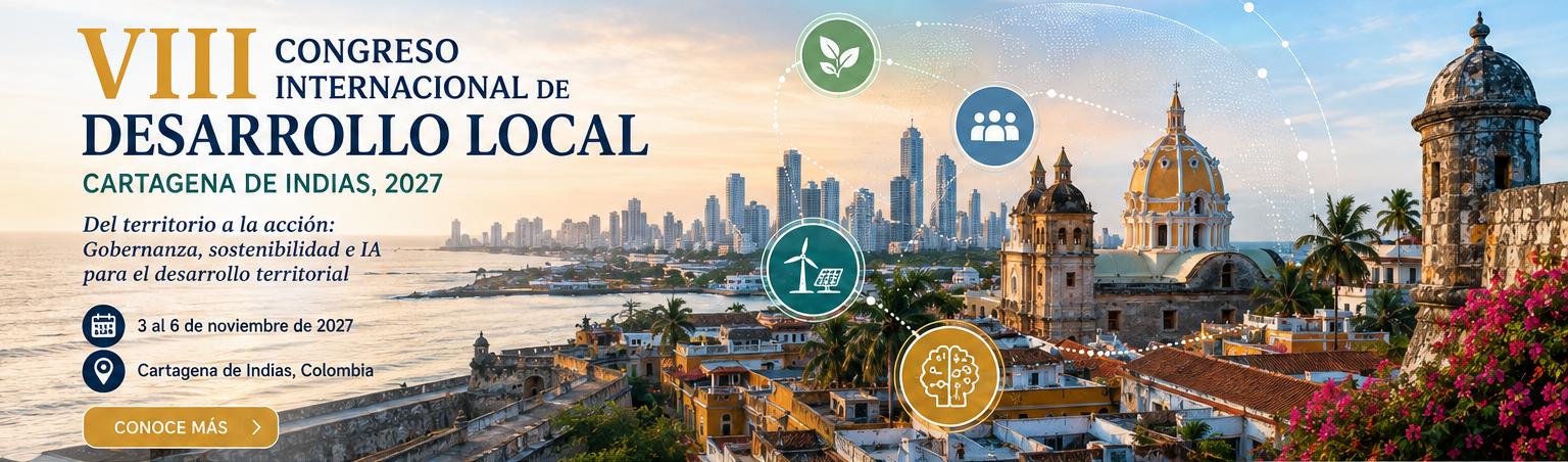 Portada del VIII Congreso Internacional de Desarrollo Local, con una vista panorámica de Cartagena relacionada con los ejes temáticos del evento.